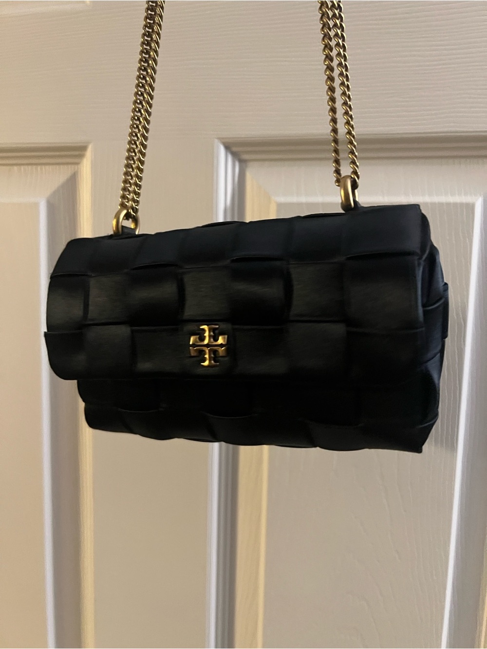 Tory Burch Mini Kira Black Satin Woven Shoulder Bag with Gold Chain